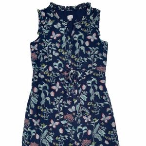 Navy Floral Pleated Trim Midi Dress